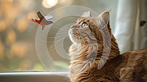 Ginger Cat Watching a Bird Flying Outside the Window