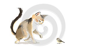 Playful cat pawing bird in minimalist ink wash style. photo
