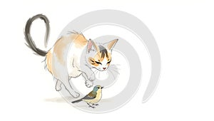 Playful cat pawing bird in minimalist ink wash style. photo