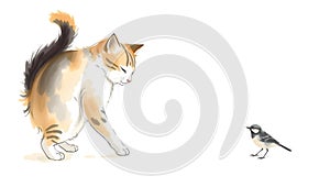 Playful cat pawing bird in minimalist ink wash style. photo