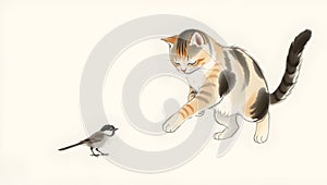 Playful cat pawing bird in minimalist ink wash style. photo