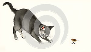 Playful cat pawing bird in minimalist ink wash style. photo