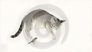 Playful cat pawing bird in minimalist ink wash style. photo