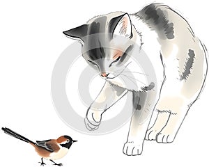 Playful cat pawing bird in minimalist ink wash style. photo
