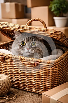 Curious Cat Hiding In Wicker Basket Surrounded By Moving Boxes At Home