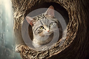 Curious cat looking at the camera in a tree hollow, fisheye portrait, AI generated