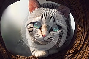 Curious cat looking at the camera in a tree hollow, fisheye portrait, AI generated