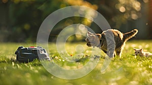 Curious cat mother with her child cautiously approaches an autonomous lawn mower in action on a vibrant garden lawn