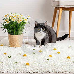 Curious cat next to plant pot on white carpet, surrounded by scattered flowers. Concept of mischievous pet, generative ai