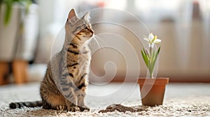 Curious cat next to plant pot on white carpet, surrounded by scattered soil. Concept of mischievous pet, domestic