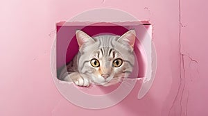 Curious Cat Peeking Out of Hole in Solid Pink Wall.