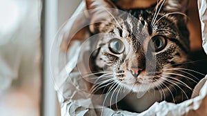 Curious cat peeking out of hole in white paper, adorable and captivating pet portrait