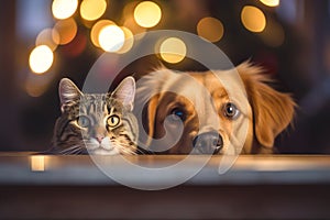 Curious Cat and Pup Celebrating Christmas Together