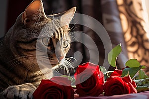 Curious Cat Sniffs Vibrant Rose in Serene Garden