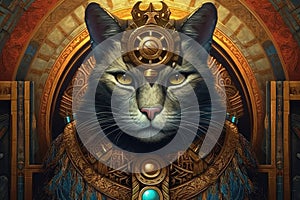 A curious cat ventures into a time machine and emerges in the era of ancient Egypt, dress.