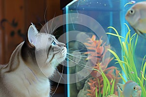 curious cat with whiskers twitching at sight of fish tank