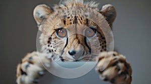 Curious Cheetah Cub Peeking Over Edge photo