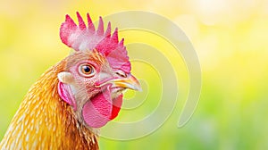 A curious chicken peeks into the camera, bathed in natural light with a soft, blurred backdrop for a charming focus