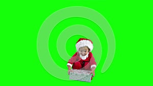 Curious child with present box. Excited cute boy open gift box. Green chroma key