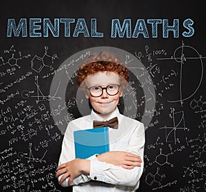 Curious child on school chalkboard background. Mental maths and early development concept