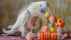 White Cockatoo Playing with Colorful Toys photo