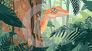 A curious coelophysis peeking out from behind a large tree trunk observing its surroundings with cautious curiosity photo