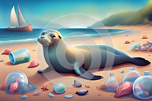 Curious common seal is lying on beach surrounded by plastic pollution, marine pollution killing marine animals, Concept of World