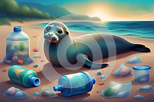 Curious common seal is lying on beach surrounded by plastic pollution, marine pollution killing marine animals, Concept of World