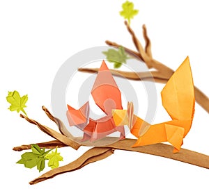 Curious couple origami cartoon squirrels on a branch on a white