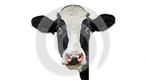 Curious Cow Close Up A closeup shot of a curious cows face isolated on a white background The cows expression is engaging
