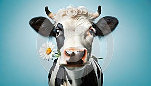 Curious Cow with Daisy in Mouth Against Blue Background. Cow Appreciation Day