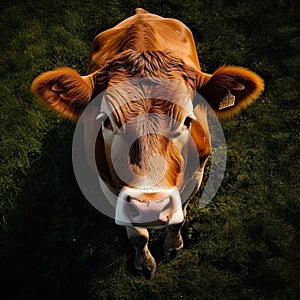 curious cow looking up, embodying the essence of farm life and rural tranquility.