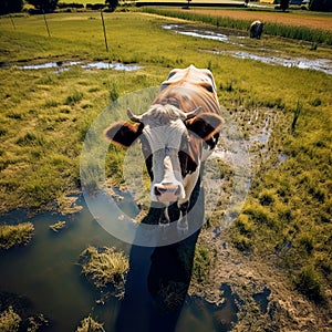 curious cow looking up, embodying the essence of farm life and rural tranquility.