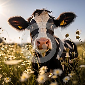 Curious Cow in Lush Green Field at Golden Hour