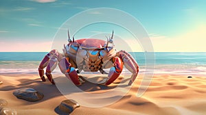 Curious crab on the sandy beach in nostalgic card style. Retro vacation postcard with crab on the coast. Generated AI.