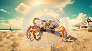 Curious crab on the sandy beach in nostalgic card style. Retro vacation postcard with crab on the coast. Generated AI.