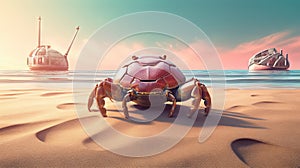Curious crab on the sandy beach in nostalgic card style. Retro vacation postcard with crab on the coast. Generated AI.