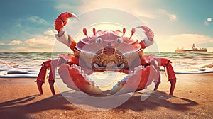 Curious crab on the sandy beach in nostalgic card style. Retro vacation postcard with crab on the coast. Generated AI.