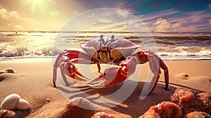 Curious crab on the sandy beach in nostalgic card style. Retro vacation postcard with crab on the coast. Generated AI.