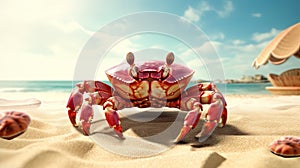 Curious crab on the sandy beach in nostalgic card style. Retro vacation postcard with crab on the coast. Generated AI.