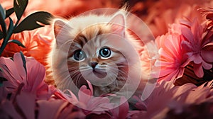 curious cute kitten with big eyes among bright pink flowers. Cat's childhood, beautiful postcards, harmony of nature