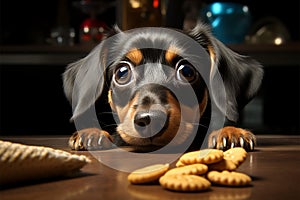 Curious Dachshund gazes longingly at treat just beyond tables edge photo