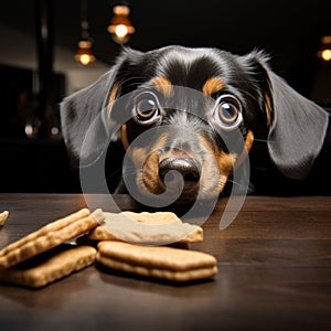 Curious Dachshund gazes longingly at treat just beyond tables edge photo