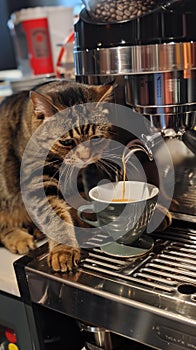 Curious domestic cat explores a cup while an espresso machine brews fresh coffee