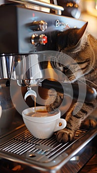Curious domestic cat explores a cup while an espresso machine brews fresh coffee