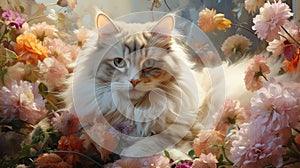 Curious Domestic Cat in a Flower-Filled Portrait