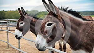 Curious Donkeys Peering from Their Enclosure. Concept Animal Enclosures, Curious Donkeys, Farm