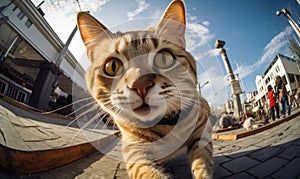 Curious feline capturing itself with a camera. AI generative