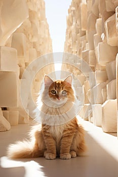 A curious feline perched among a stack of white barrels in a bright, sunlit setting