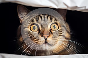 Curious feline Portrait of a fold eared cat, close up by white cabinet